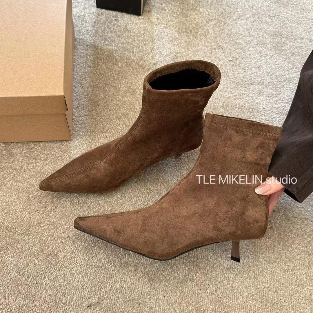 Women's Sheepskin Ankle Sleeve Elastic Thin Kitten Pointed Toe Women's Leather Boots