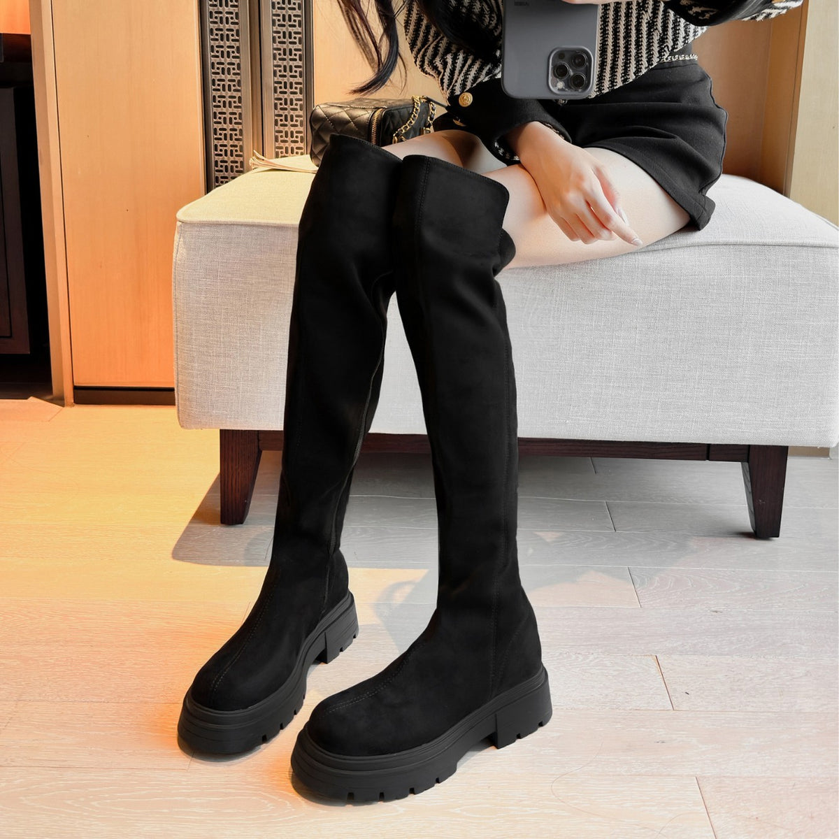 Women's Knee Stretch Knight Thick-soled Suede For Women's Leather Boots