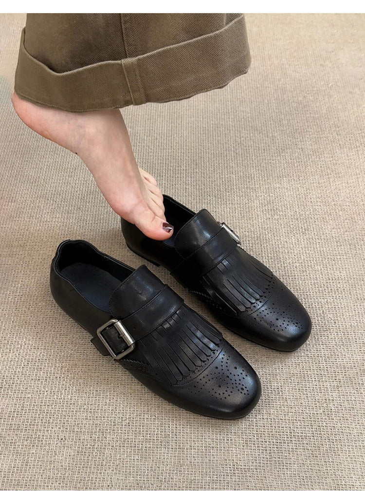 Women's Vintage Brogue Authentic Square Toe Black Belt Buckle Loafers