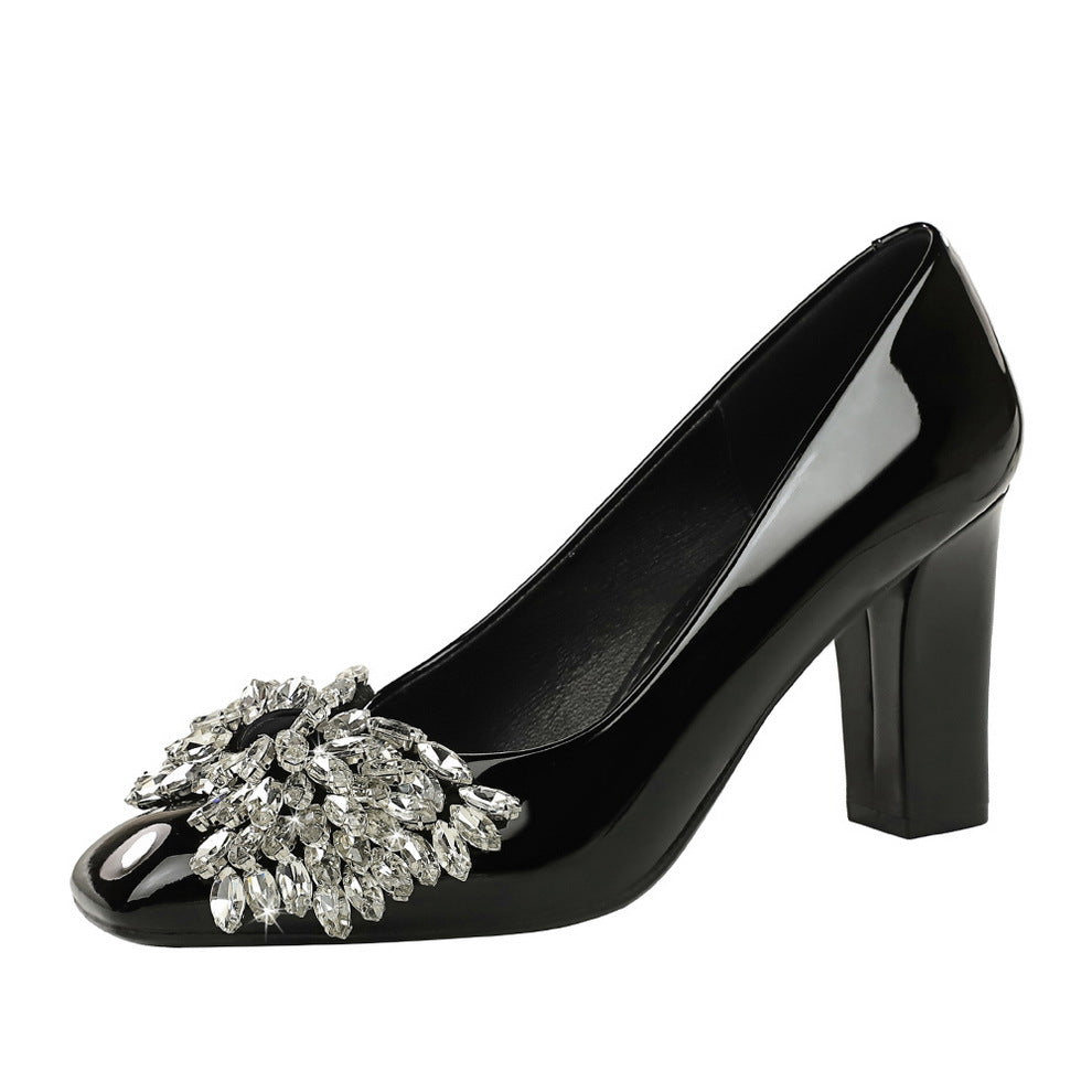 Women's Rhinestone Bow Dress Wedding Patent Elegant Square Toe Women's Fashion Shoes