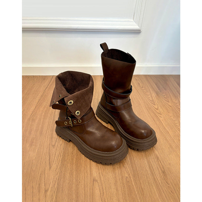 Women's Bottom Mid Short British Style Retro Brown Women's Leather Boots