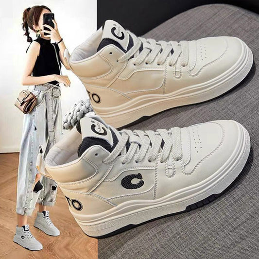 Women's Spring White Trendy Thick Bottom Fleece-lined Sneakers
