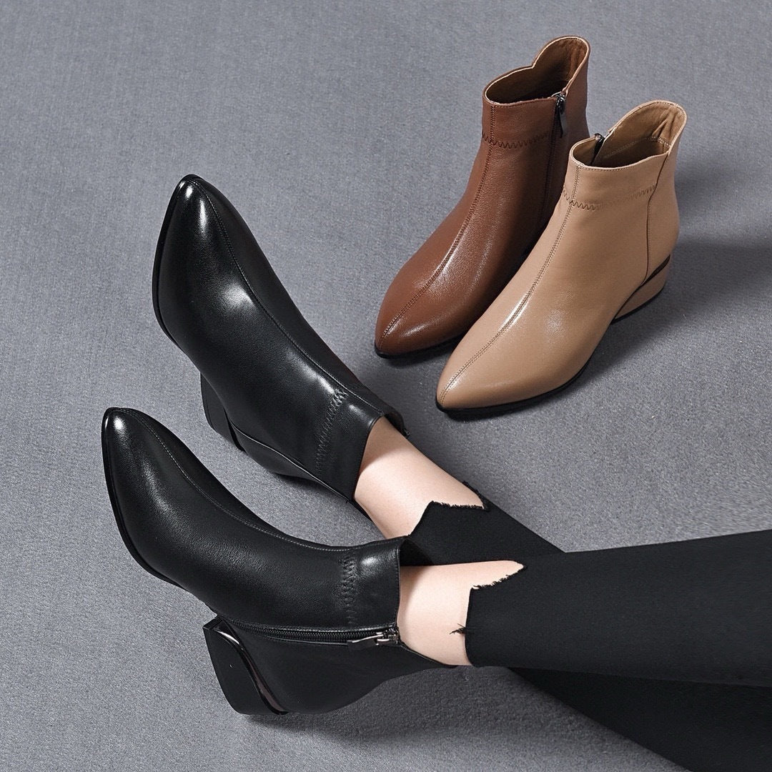 Women's Soft Calf Flat Ankle Pointed Thick Fleece-lined Mother's Cotton Heels