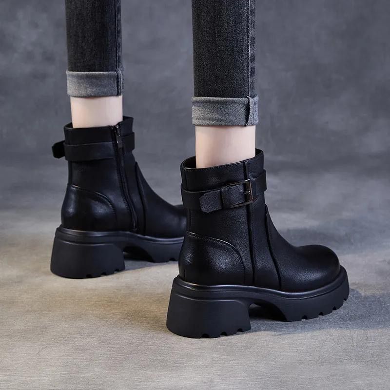Women's Platform Martin Small High Side Zipper Short Belt Buckle Women's Leather Boots