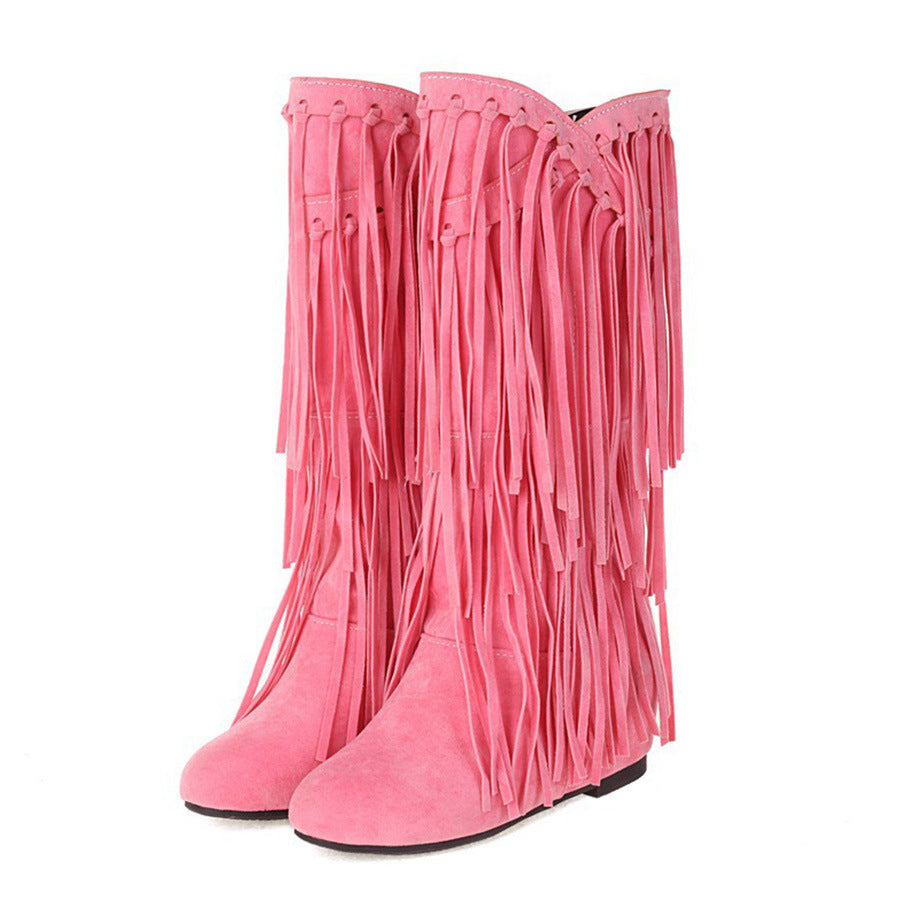 Women's Tassel Round Toe Invisible Elevated High Leg Long Women's Leather Boots