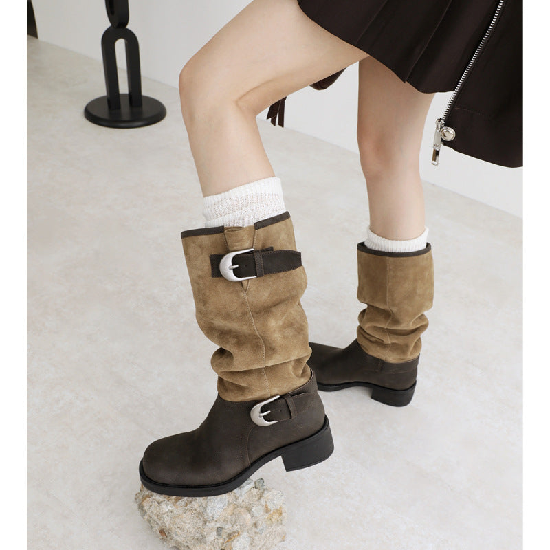 Women's Pile Style Straight Retro Western Cowboy Color Matching Boots