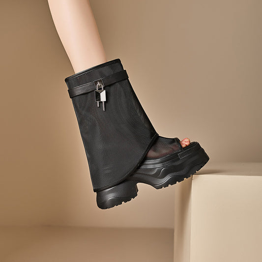 Women's Breathable Thick Bottom Chunky Smoke Pipe Women's Leather Boots