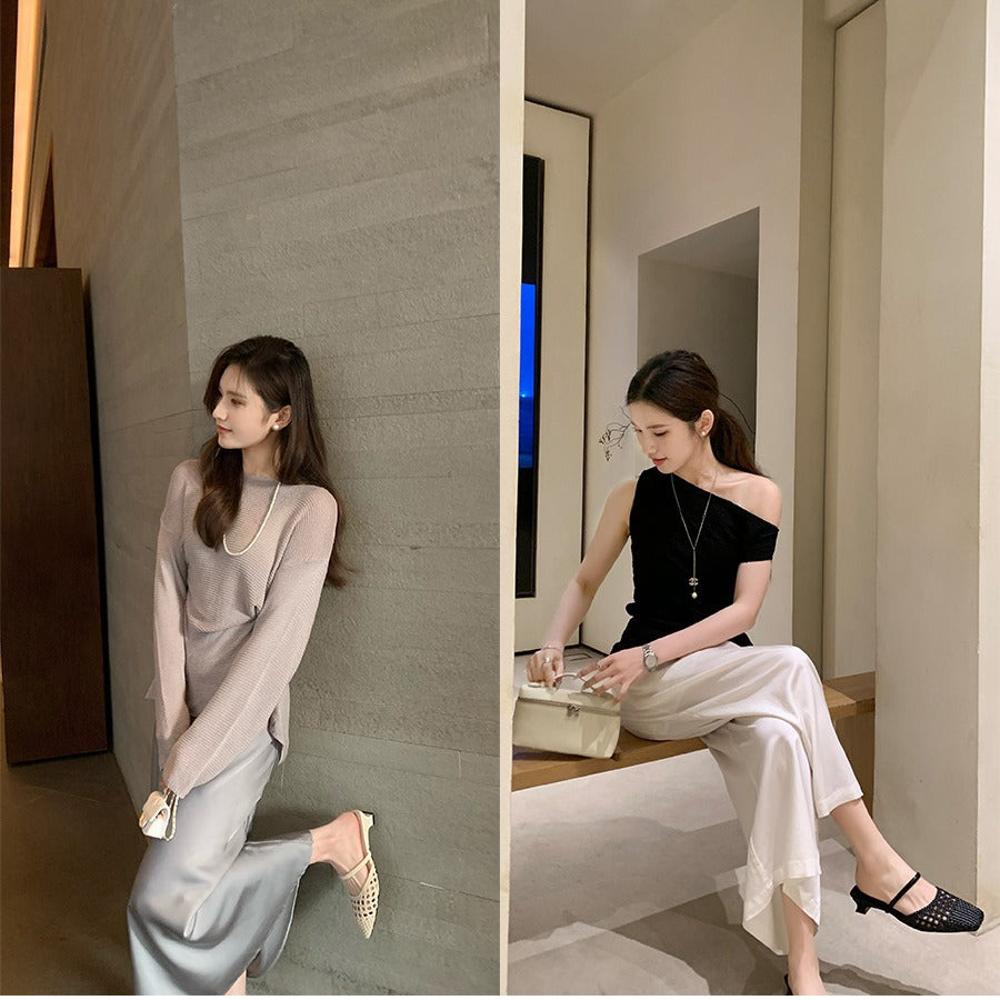 French Square Toe Weaving Hollow Small Slippers