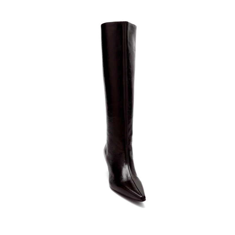 British Style Pointed Toe Below The Knee Large Women's Leather Boots