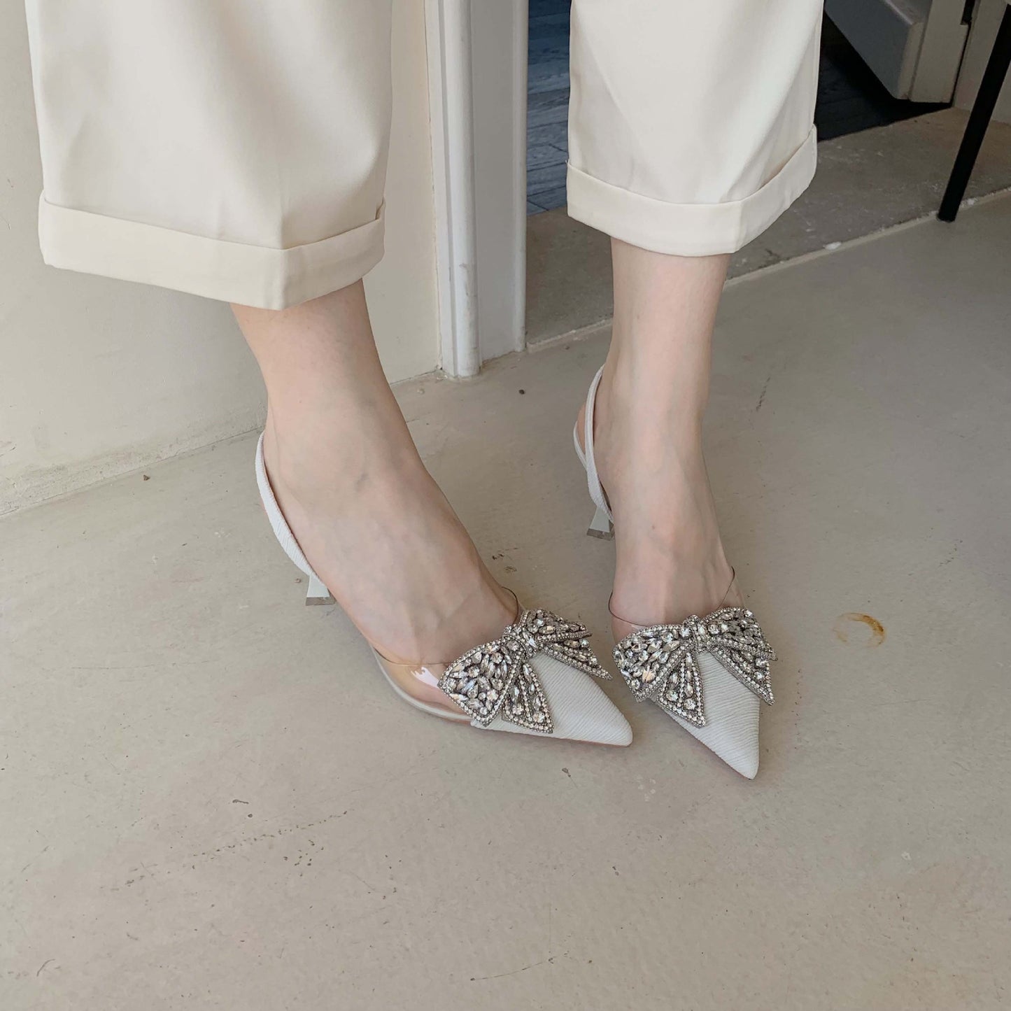 Women's Fairy Style High Transparent Rhinestone Pointed Toe Butterfly Stiletto Women's Fashion Shoes