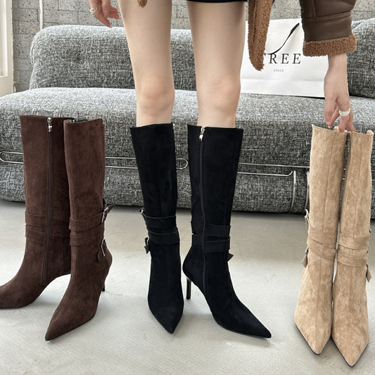 Slimming Suede Long Biker Brown Pointed Women's Leather Boots