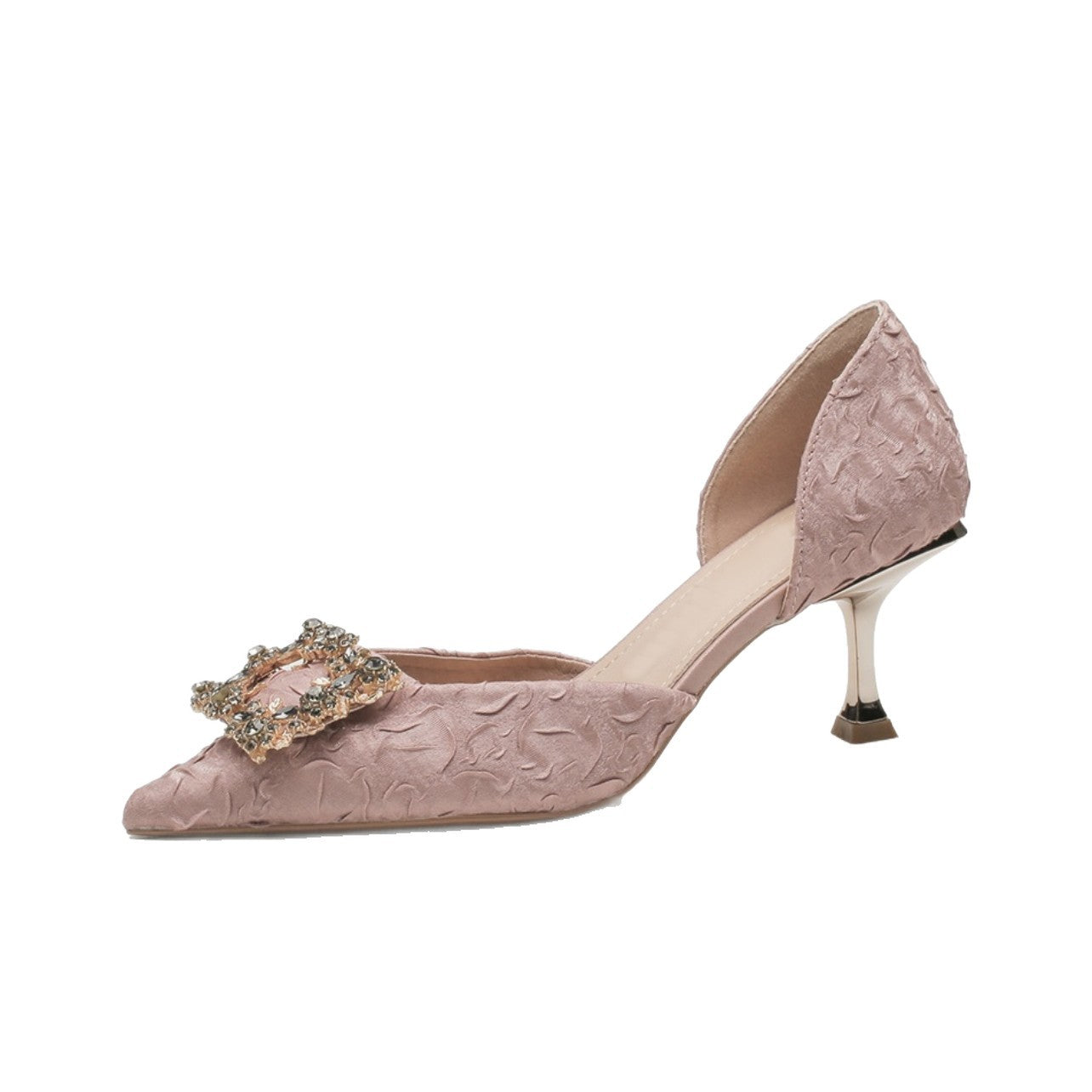 Women's Satin Square Buckle Rhinestone Pink High Heels