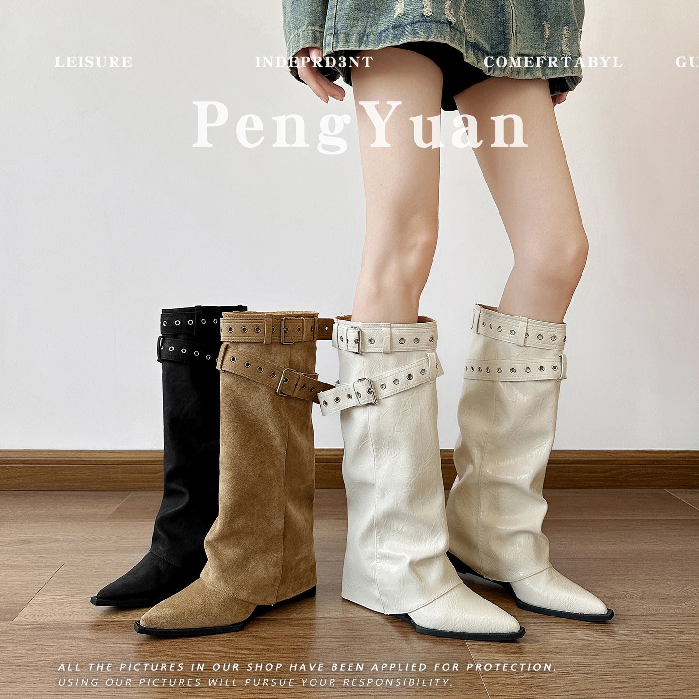 Women's Toe Thick Thin Autumn Pleated High Tube Heels