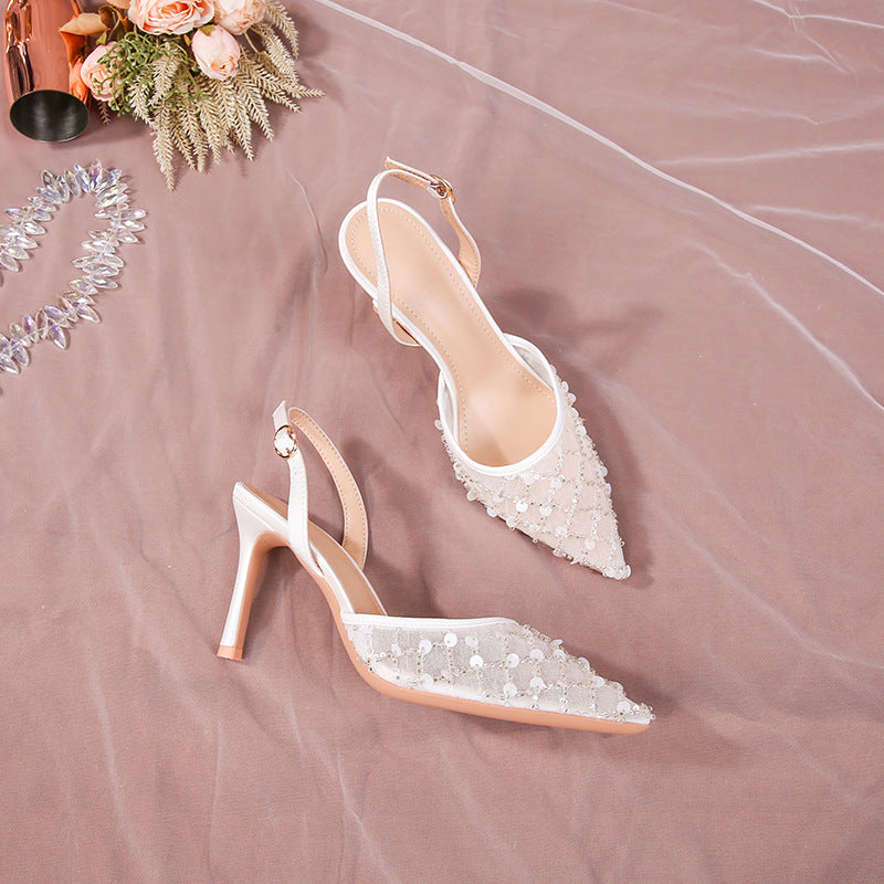 Women's Wedding Stiletto White Lace Pointed Toe Mesh Sequins High Heeled Sandals