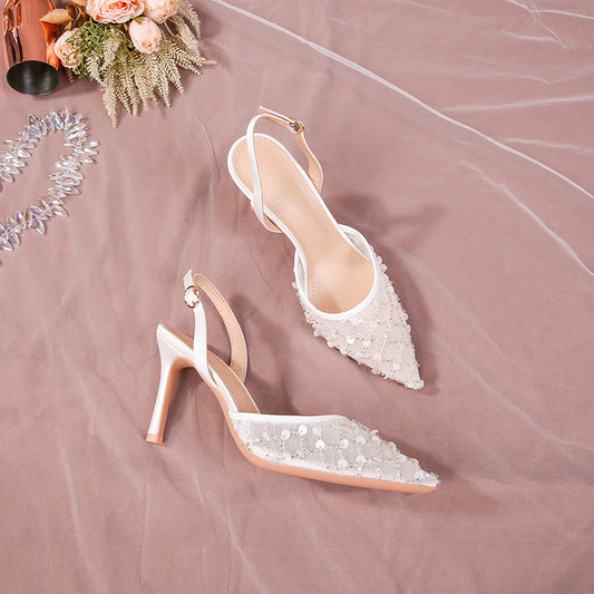 Women's Wedding Stiletto White Lace Pointed Toe Mesh Sequins High Heeled Sandals