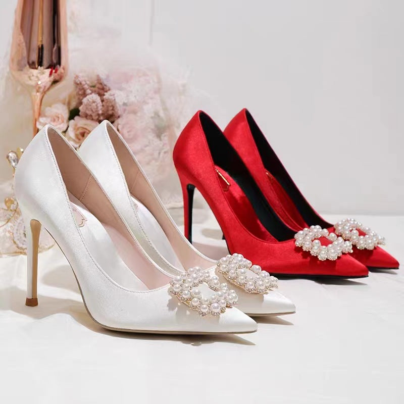 Women's Rhinestone Buckle High Stiletto Pumps Satin Women's Fashion Shoes