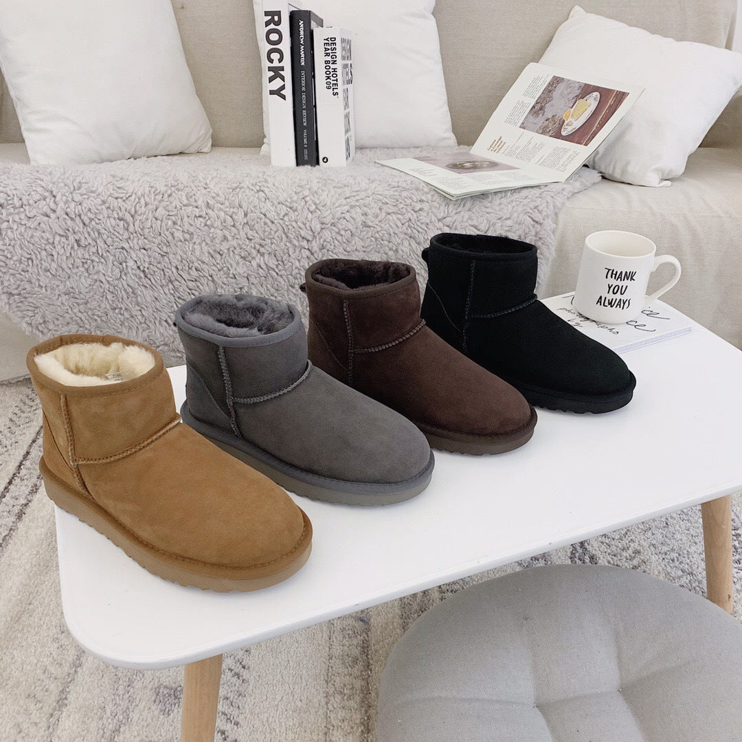 Women's & Men's Sheepskin Fur Slip-on Short Insulated Snow Boots