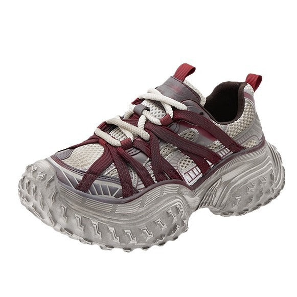 Women's Distressed Red Dad Spring Thick Sole Height Women's Sports Shoes
