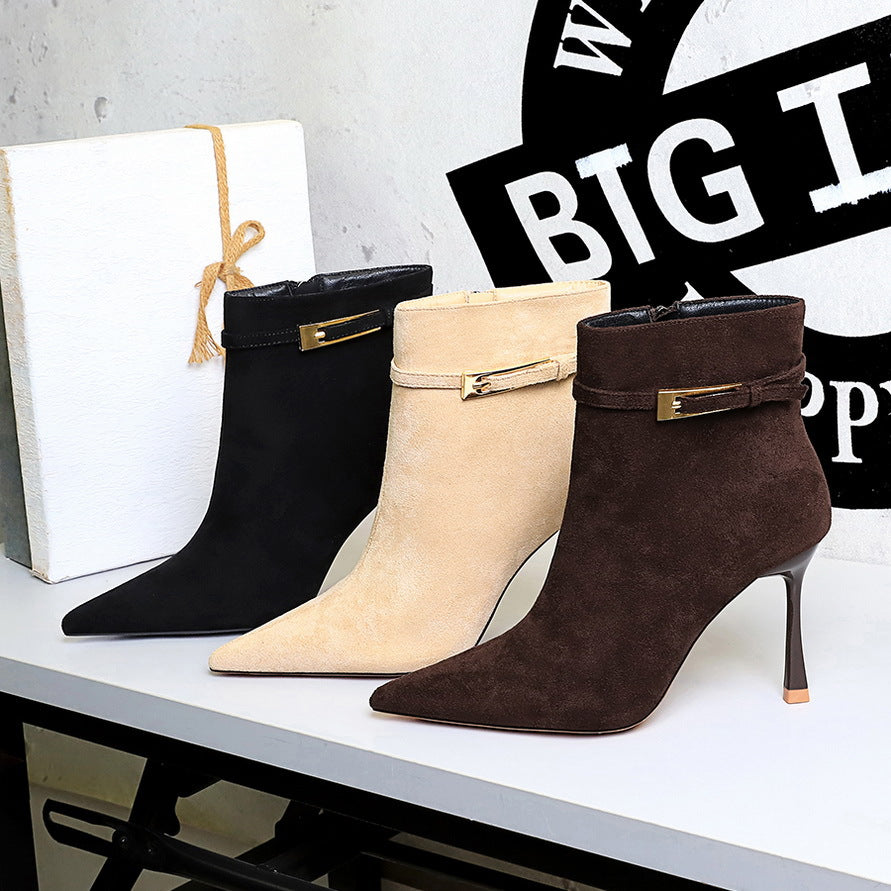 Women's Fashion Sexy Pointed Toe Suede Stiletto Belt Buckle Side Zipper Women's Leather Boots