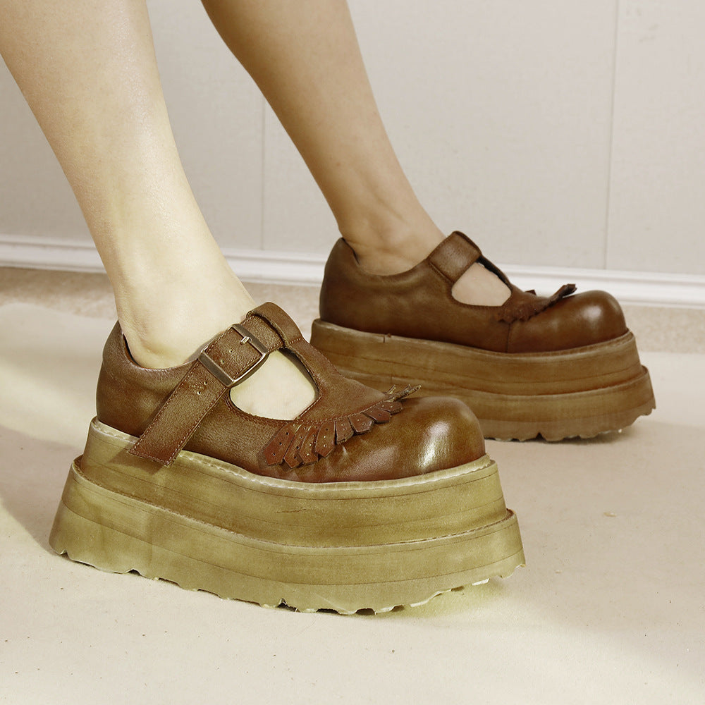 Women's Cowhide Platform Muffin Height Increasing Small Versatile Women's Shoes