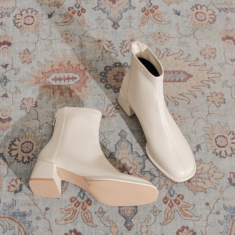 Women's Chunky Martin Simple Square Toe High Slimming Women's Leather Boots