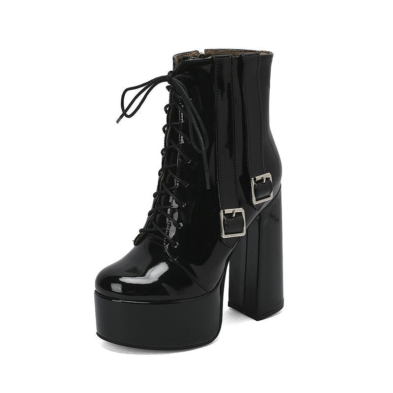 Women's Short Patent Round Head Thick Bottom Super High Front Martin Women's Leather Boots
