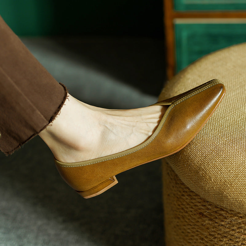 Cowhide Square Toe Low Low-cut Grandma Heels