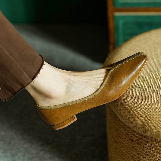 Cowhide Square Toe Low Low-cut Grandma Heels
