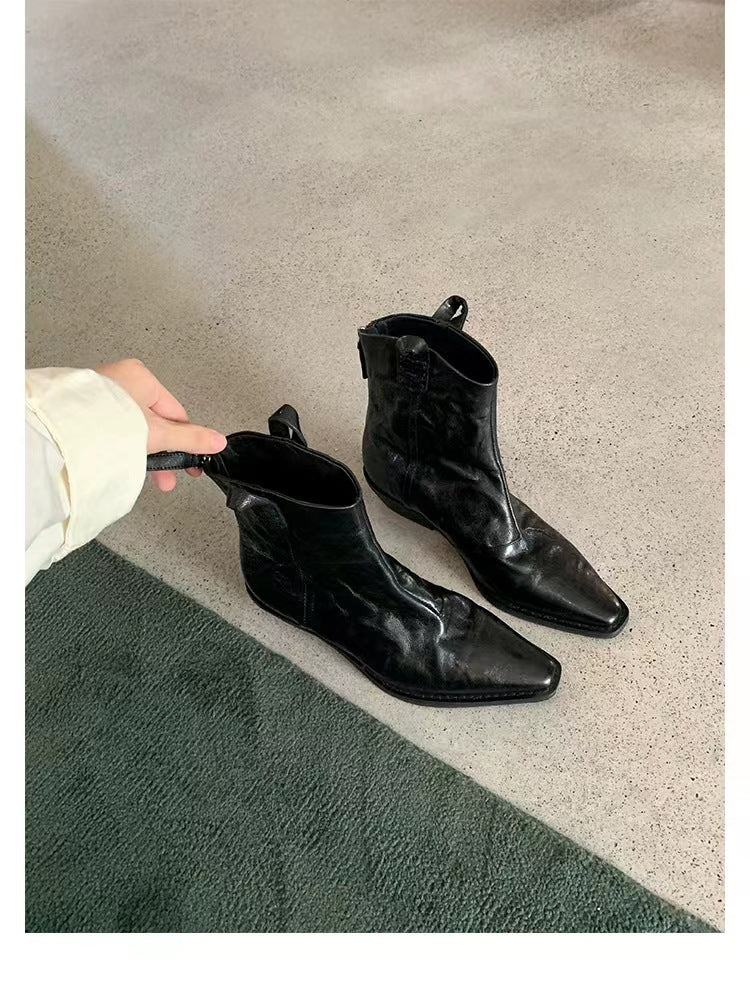 Women's V-shaped Mouth Retro Denim Genuine Skinny Thick Wrinkle Western Short Heels