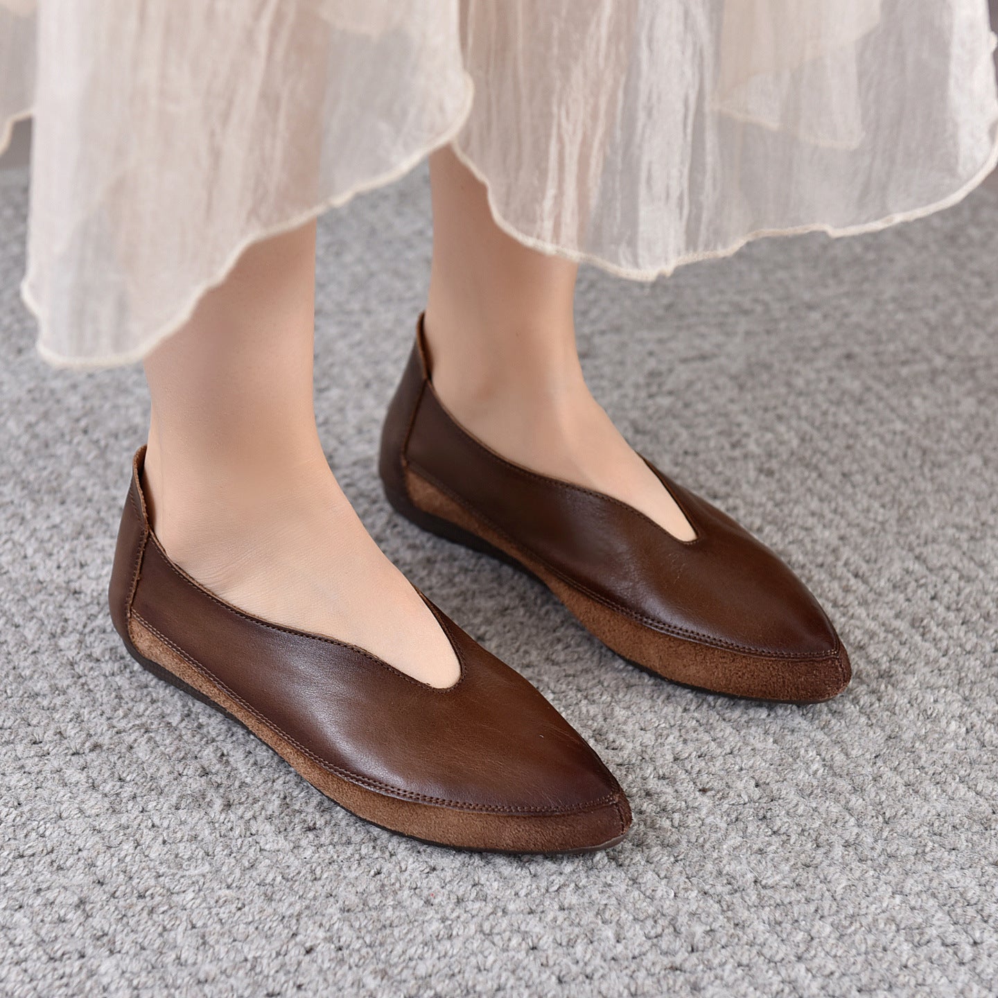 Women's Layer Cowhide Vintage Weave Pointed Toe Old Money Style Temperament Heels