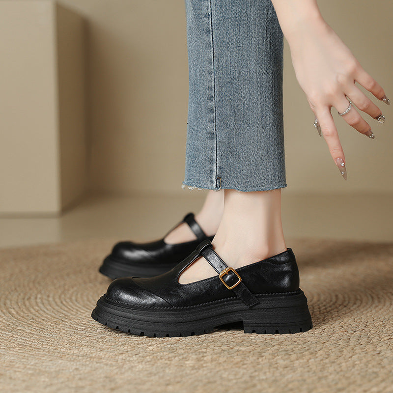 Women's Platform Vintage Mary Jane British Style Round Toe Leather Shoes