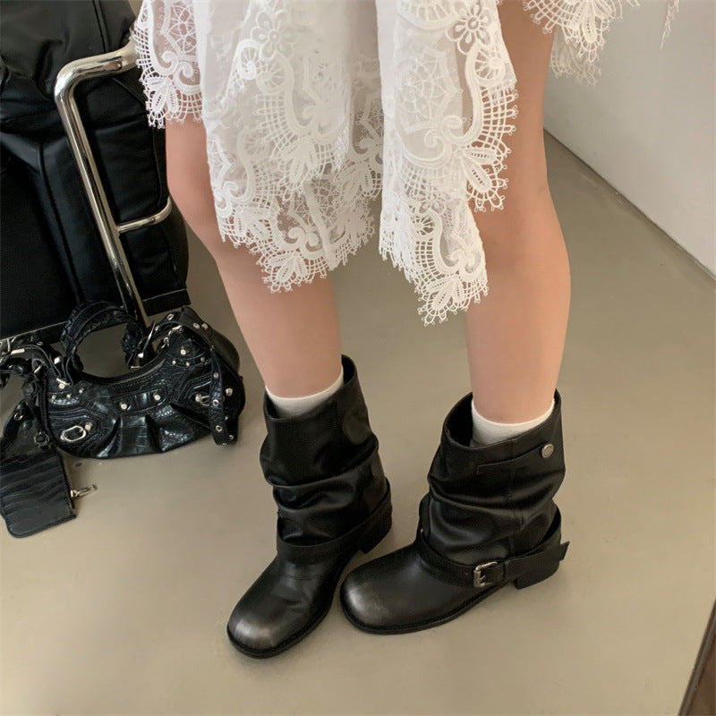 Women's Pleated Pile Style Black Round Vintage Genuine Chunky Women's Leather Boots