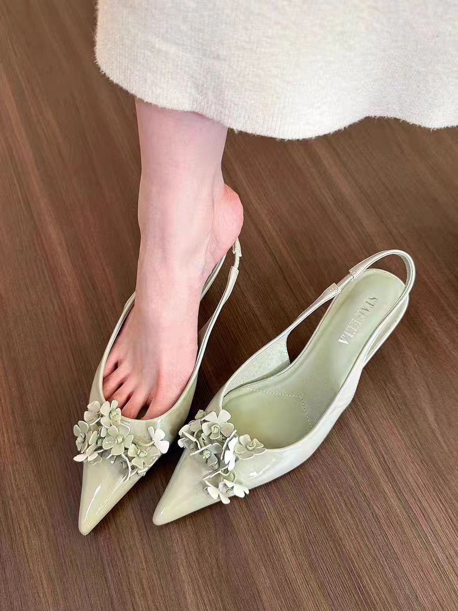 Women's Fashion Green Pointed Flower Shallow Mouth Back High Heeled Sandals