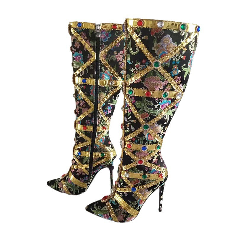 Toe Stiletto Side Zipper Heavy Handmade Rhinestone Embroidery Fashion Plus Women's Leather Boots