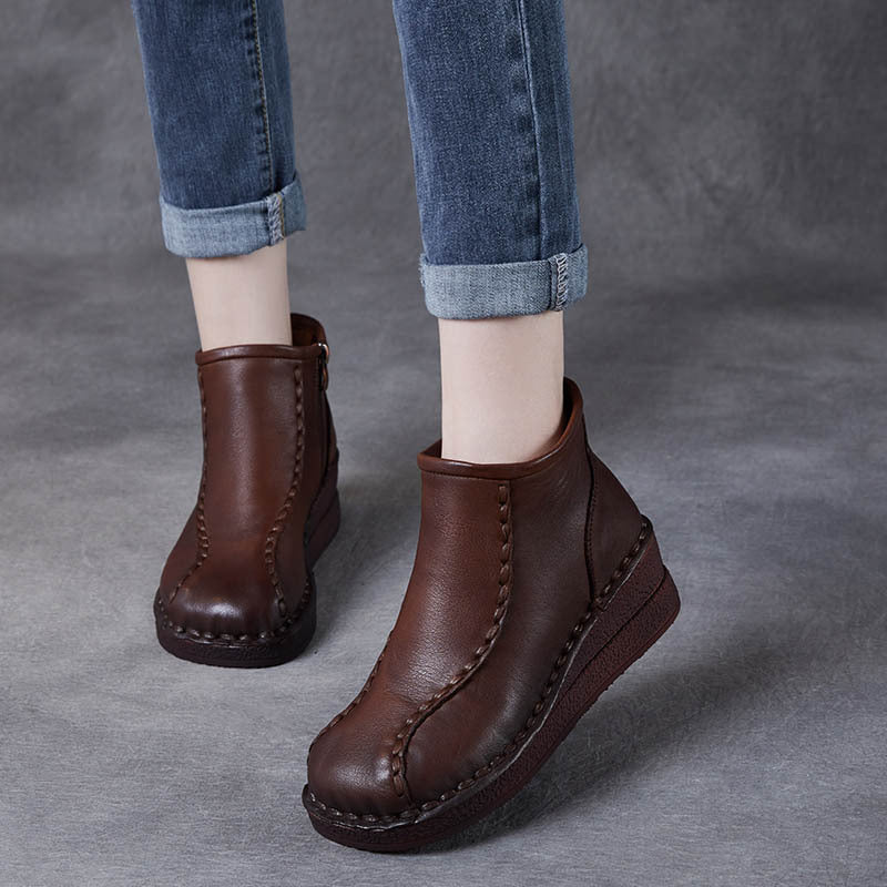 Women's National Style Vintage Soft Bottom Wedge Short Thick Mid Women's Leather Boots