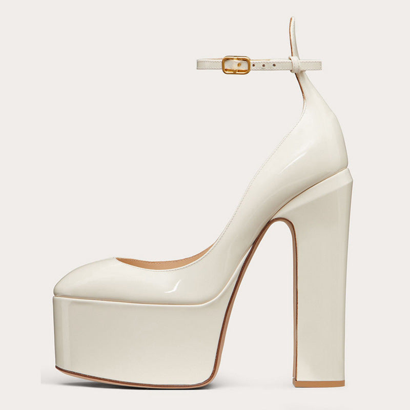 Waterproof Platform Patent Round Head Thick Bottom Ankle Ring Women's Shoes