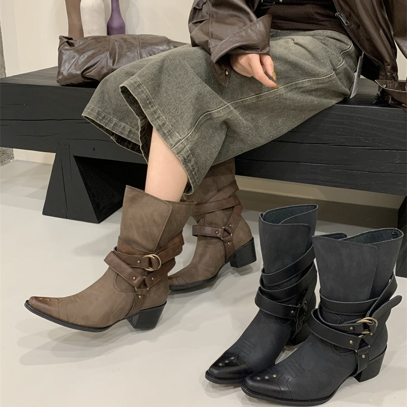 Women's Small Square Pointed Ankle Embroidery Western Cowboy Distressed Women's Leather Boots