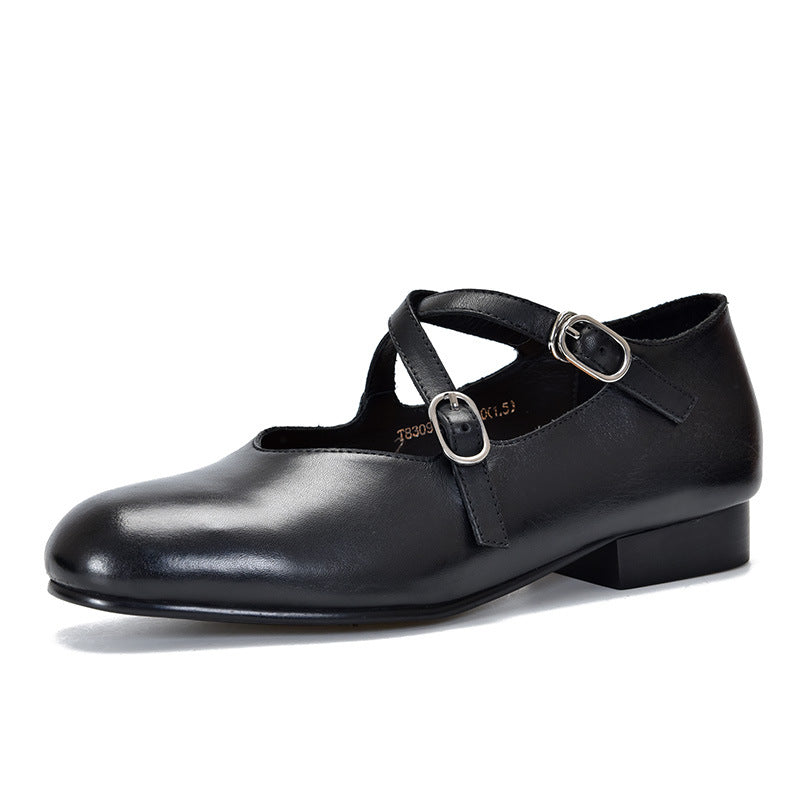 Women's Round Head Cross Strap Low Mary Jane Genuine Leather Shoes