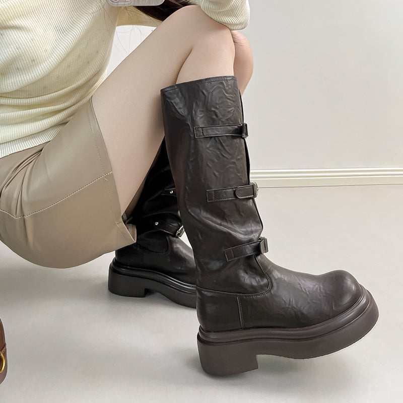 Long Female Thick Bottom Chunky Tall Martin Women's Leather Boots