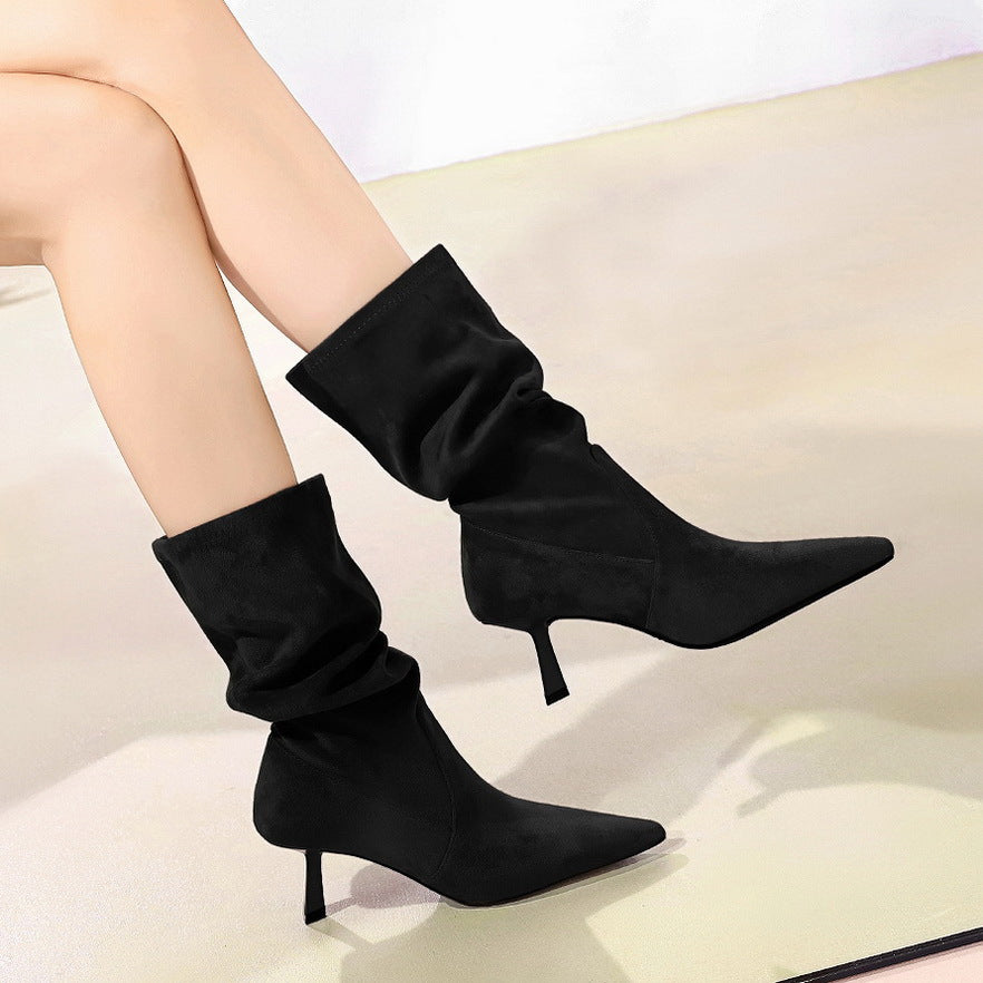 Women's Stretch Pleated Pile Style Stiletto Short Boots