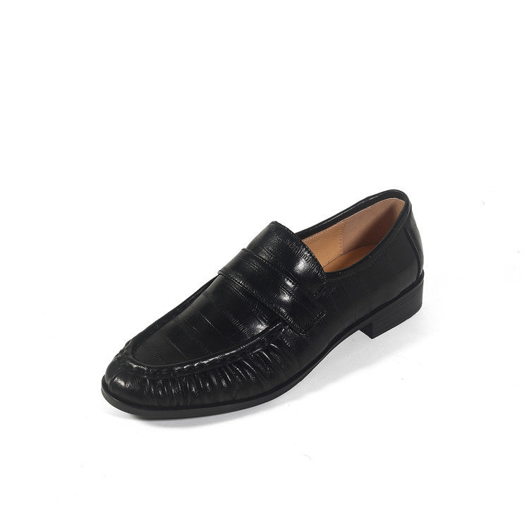 Women's Spring Genuine Inside Outside Round Toe Slip-on Thick Mid Deep Loafers