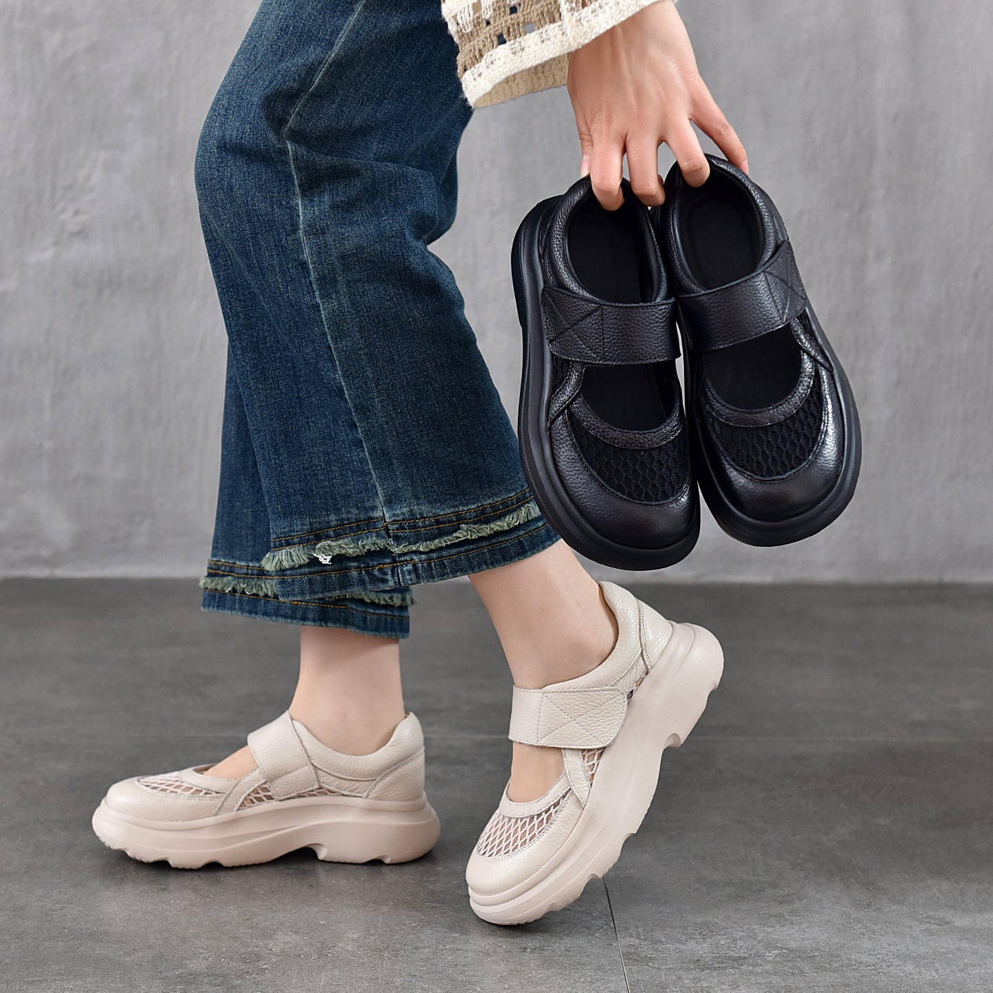 Women's Top Layer Cowhide Platform Sports Leisure Mary Jane Mesh Shallow Women's Casual Shoes