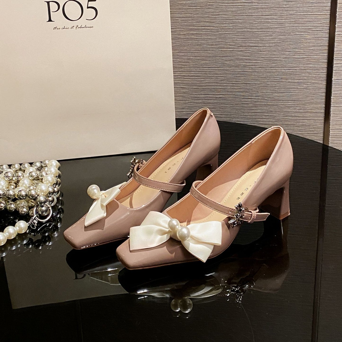Women's Chunky Square Toe Mary Jane French Pearl Bow Heels
