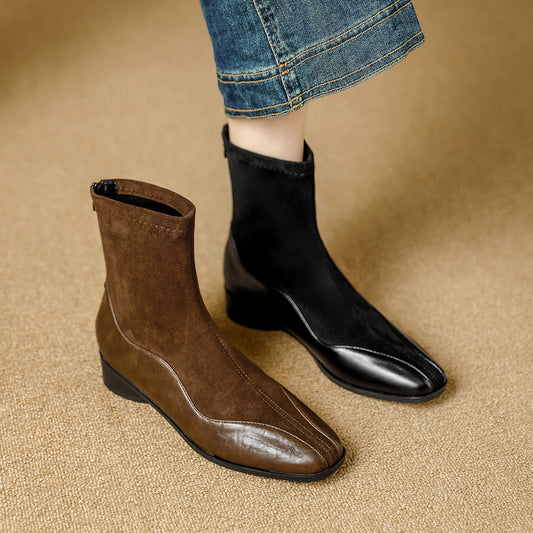 Women's Suede Stitching Chunky Ankle Soft Back Zipper Commute Slimming Boots