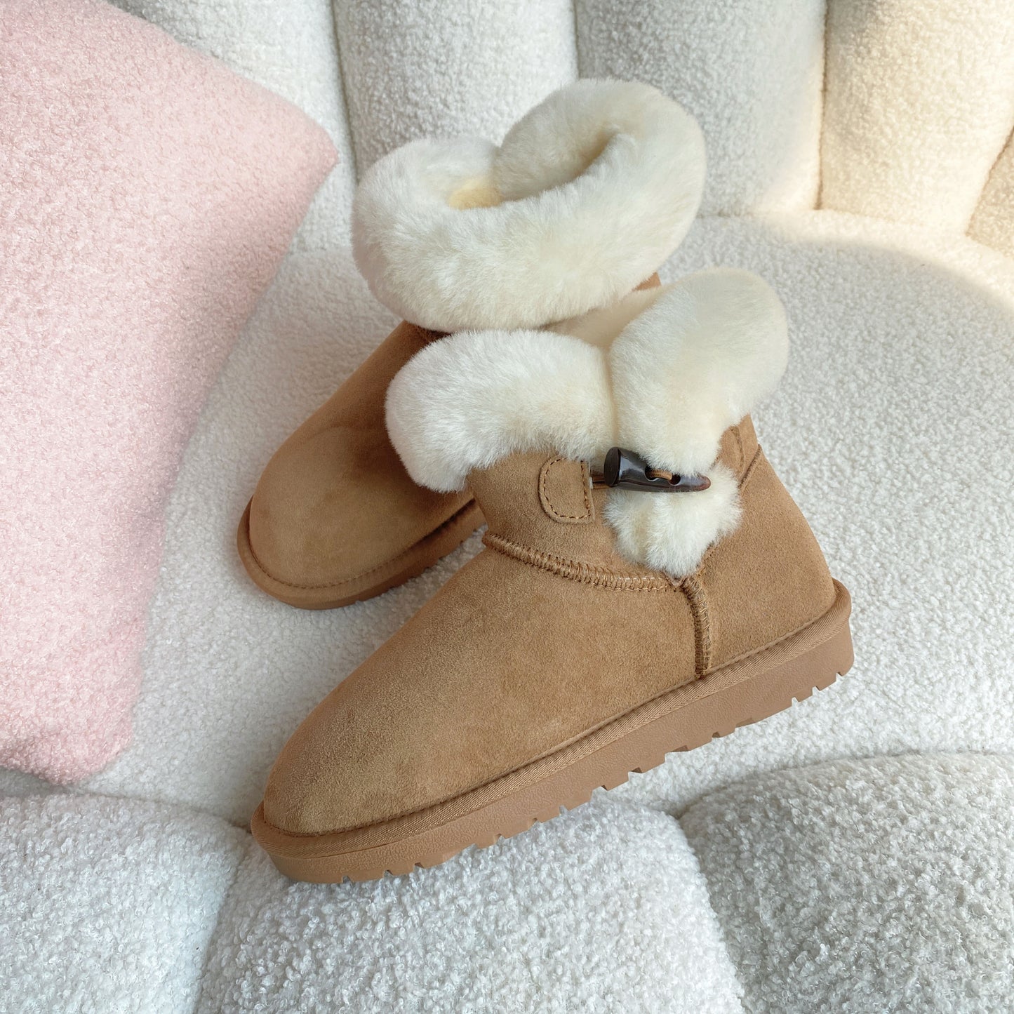 Women's Sheepskin Fur For Horn Button Warm Snow Boots