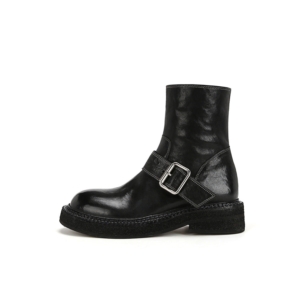 Women's Version Su Washed Shrink Pattern Side Zipper Fleece Biker Women's Leather Boots