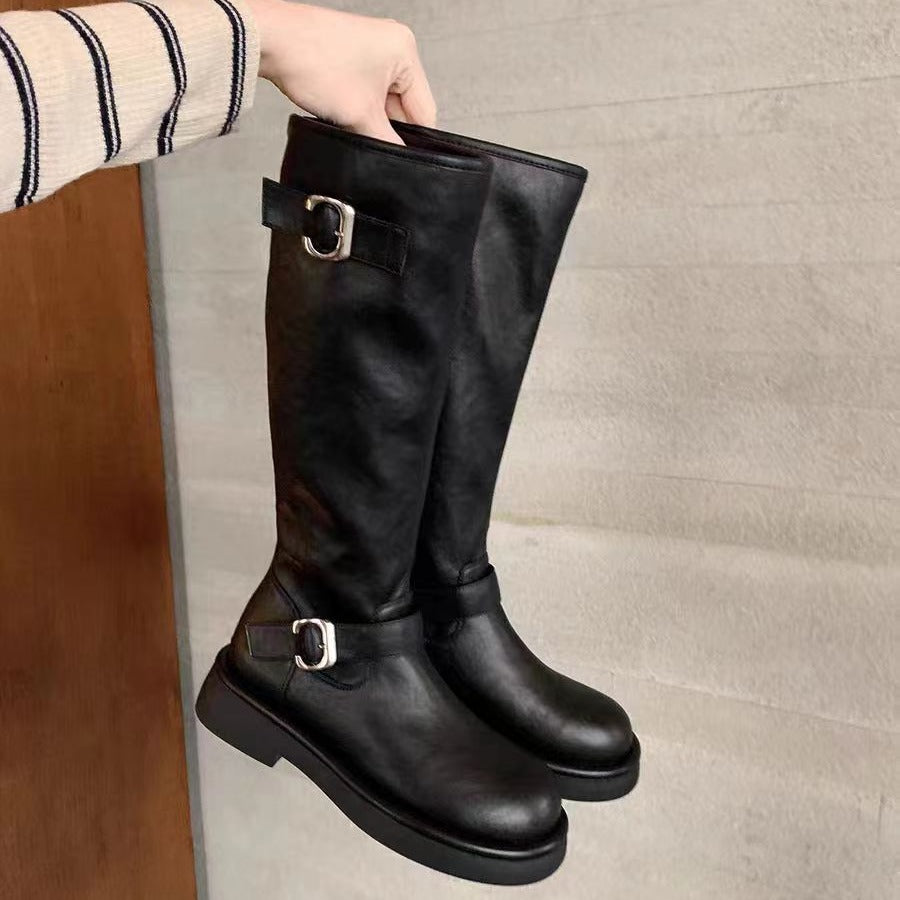 Head Buckled Chunky Below The Knee High Boots