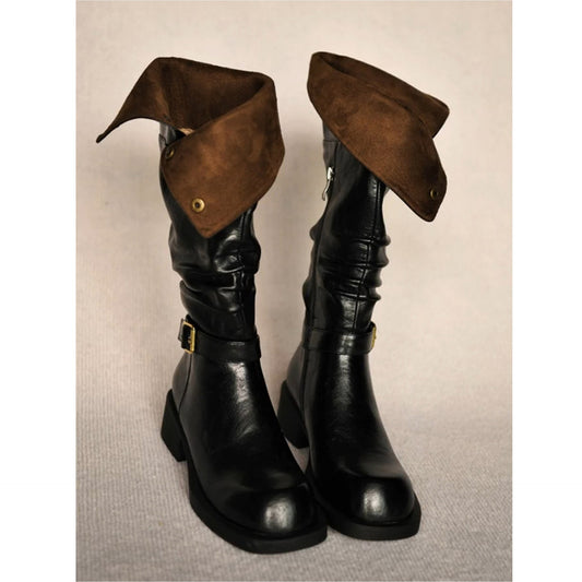 Women's Western Cowboy Round Head Metal Buckle Two-way Lapel Pleated Chunky Women's Leather Boots