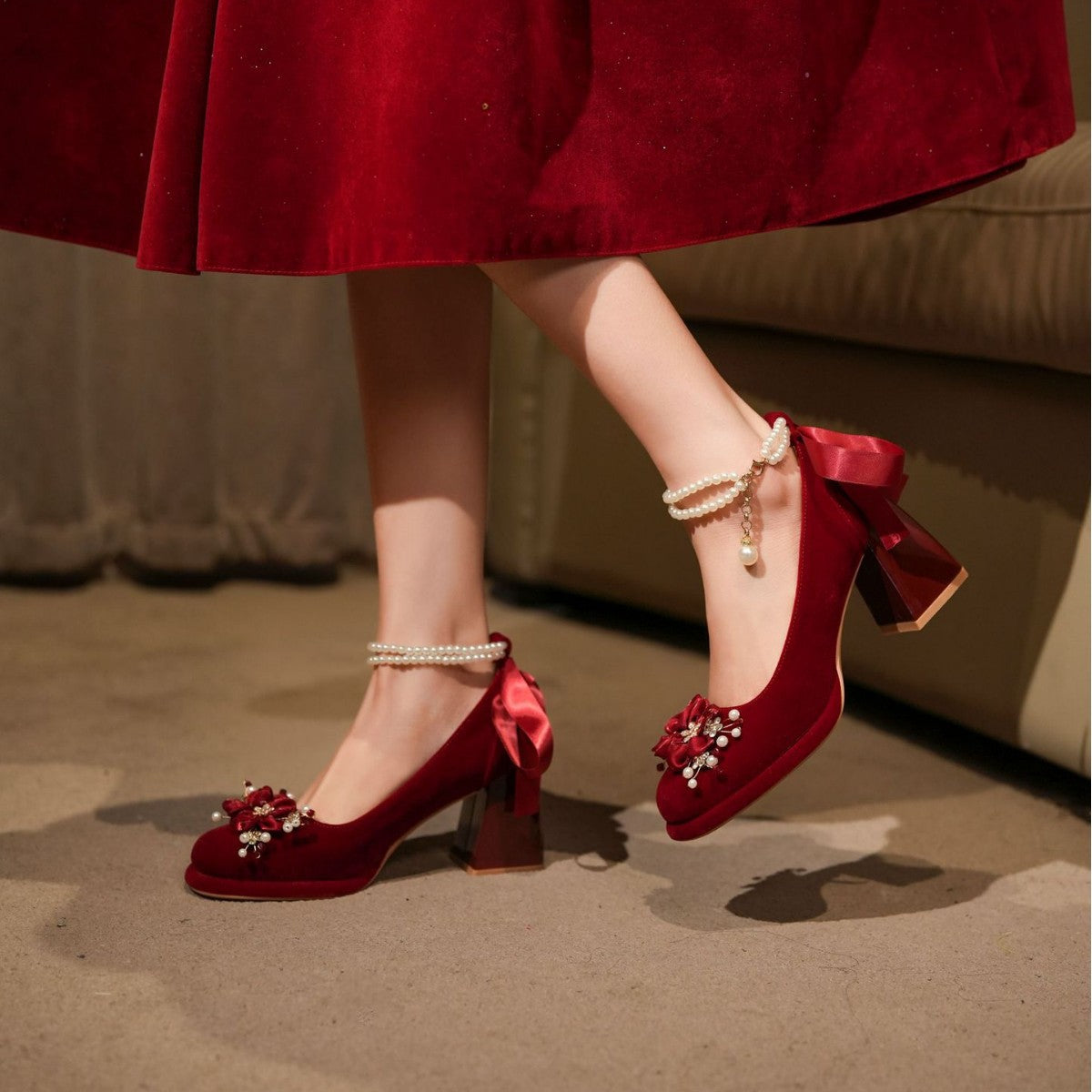 Wine Red Flower Mary Jane Wedding Super High Not Heels