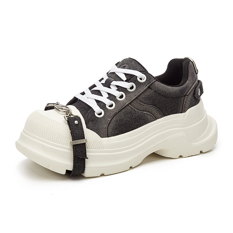 Women's Black White Thick Sole Increased Bandage Casual Shoes